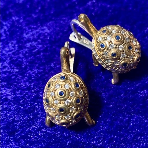 European Turtle Earrings Encrusted Sapphire Topaz - Picture 1 of 16